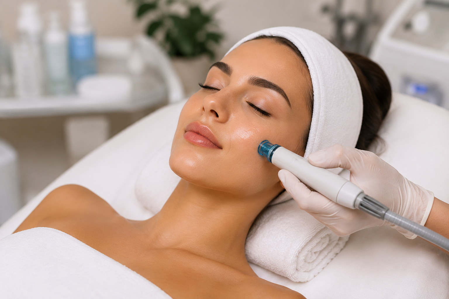 Trattamento Hydrofacial sul viso di una donna con manipolo per la pulizia profonda