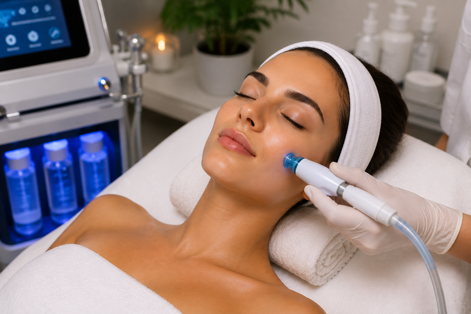 Seduta di Hydrofacial con manipolo idro-peeling e macchinario per l'idratazione della pelle