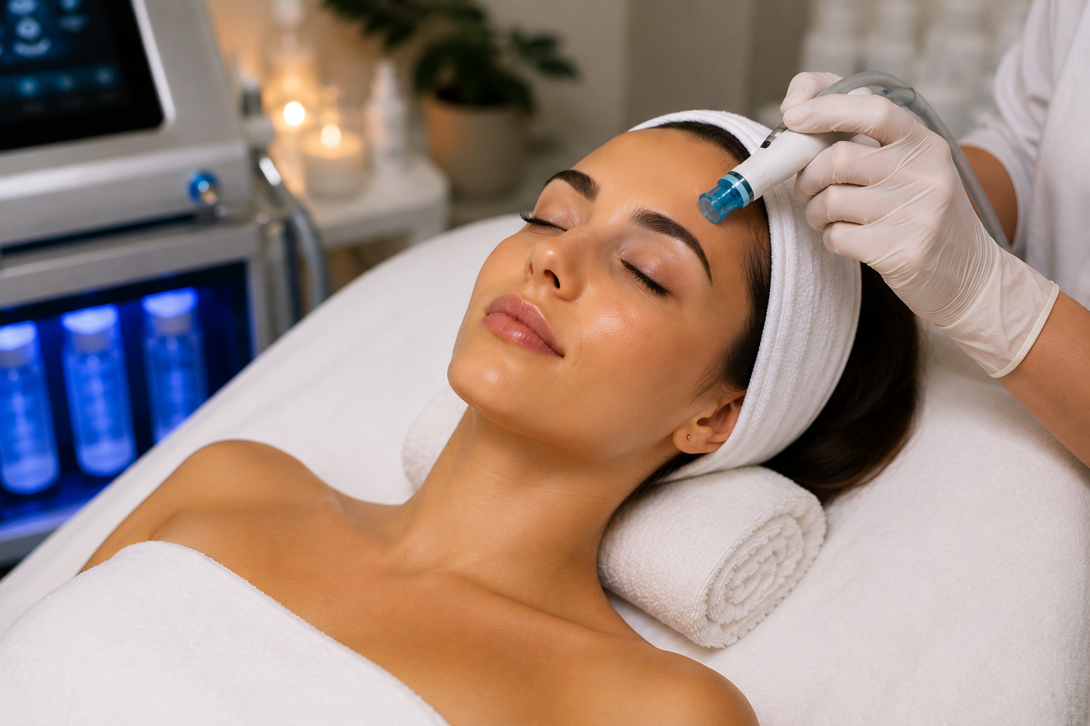 Hydrofacial sulla fronte con manipolo idro-peeling durante una seduta viso