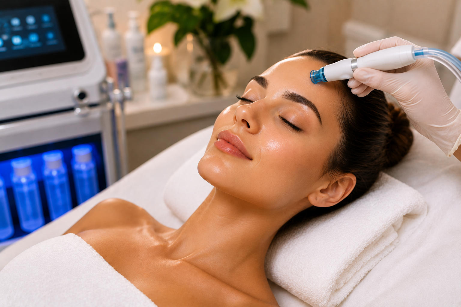 Trattamento Hydrofacial viso con macchinario professionale e manipolo idro-peeling