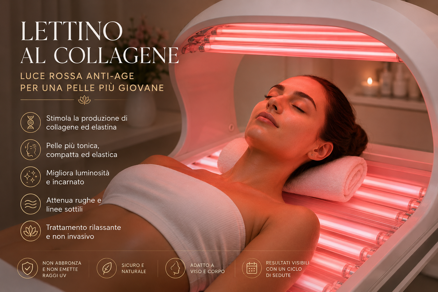 Infografica del lettino al collagene a luce rossa anti-age per stimolare collagene ed elastina