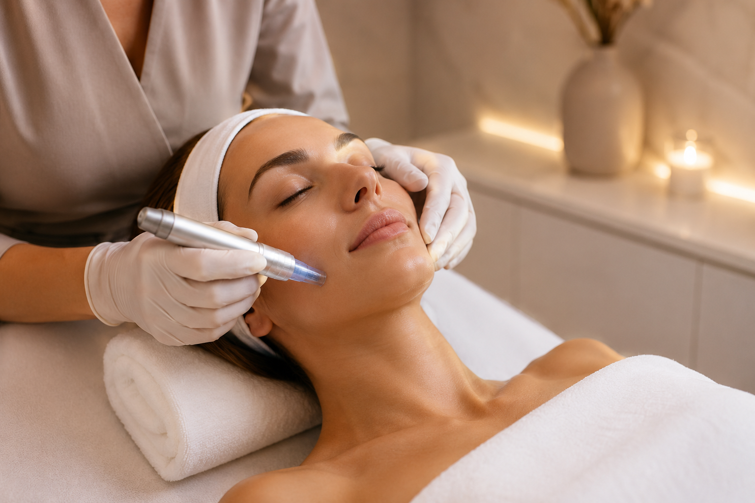 Trattamento di microneedling viso con dermapen sul viso di una donna