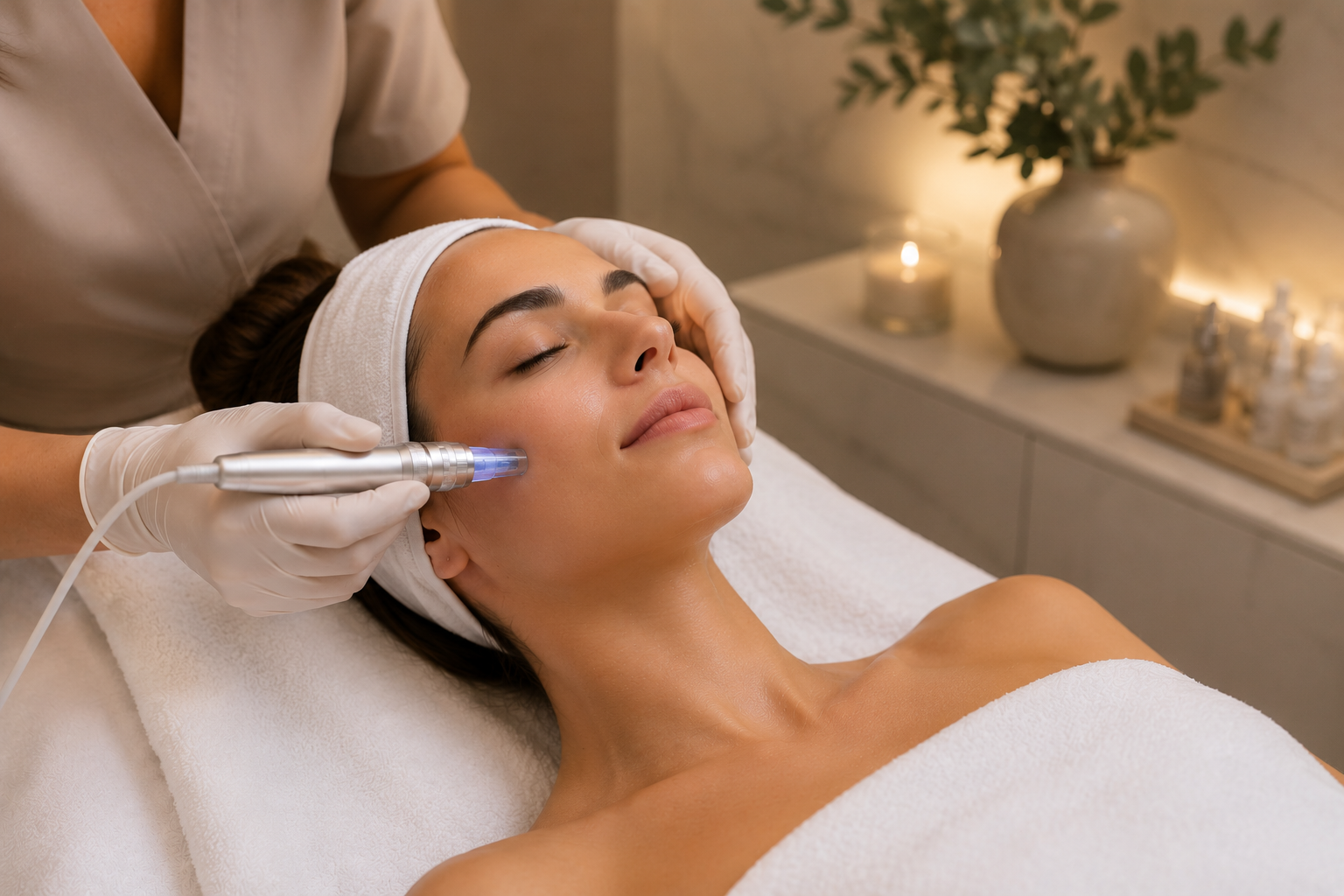 Seduta di microneedling viso con dermapen per il rinnovamento della pelle