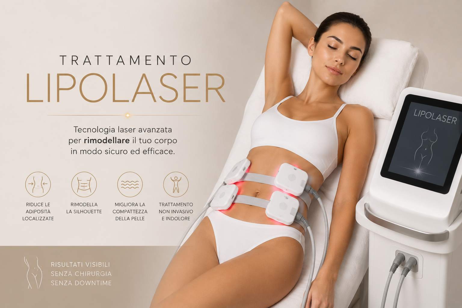 Trattamento Lipolaser con applicatori laser sull'addome per rimodellare il corpo