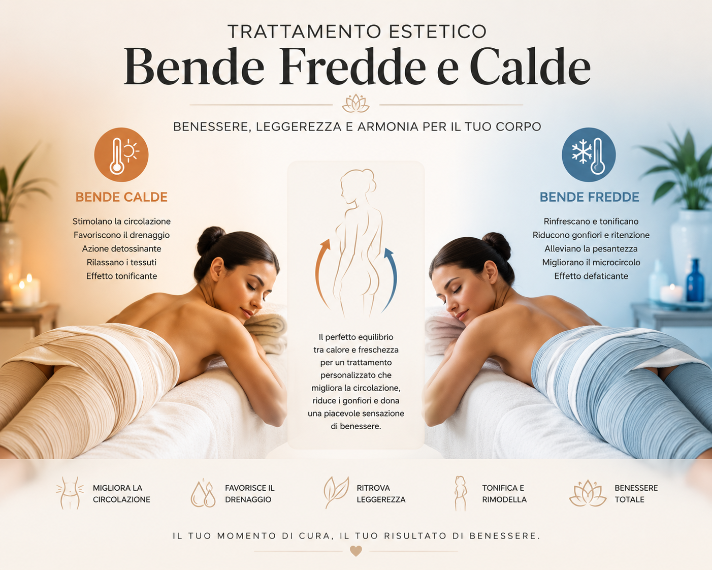 Infografica del trattamento bende fredde e calde per circolazione, drenaggio e tonificazione