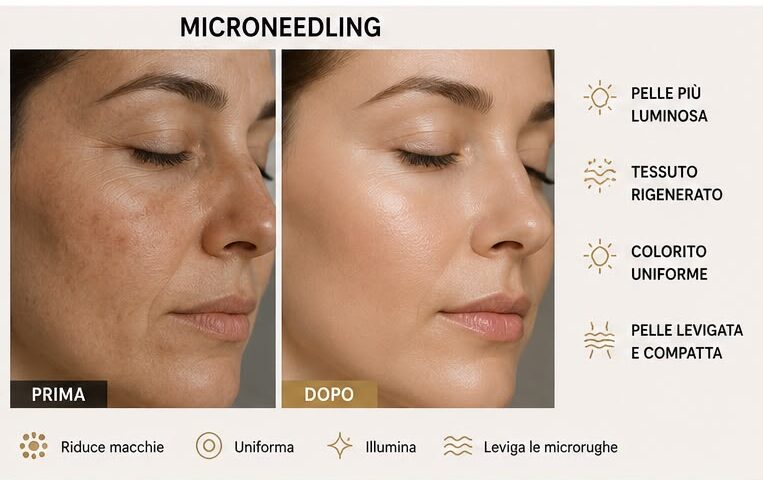 Prima e dopo del microneedling viso, pelle piu luminosa e uniforme con riduzione delle macchie